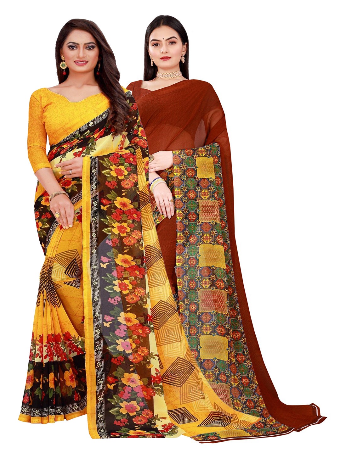 

KALINI Yellow & Brown Pure Georgette Saree