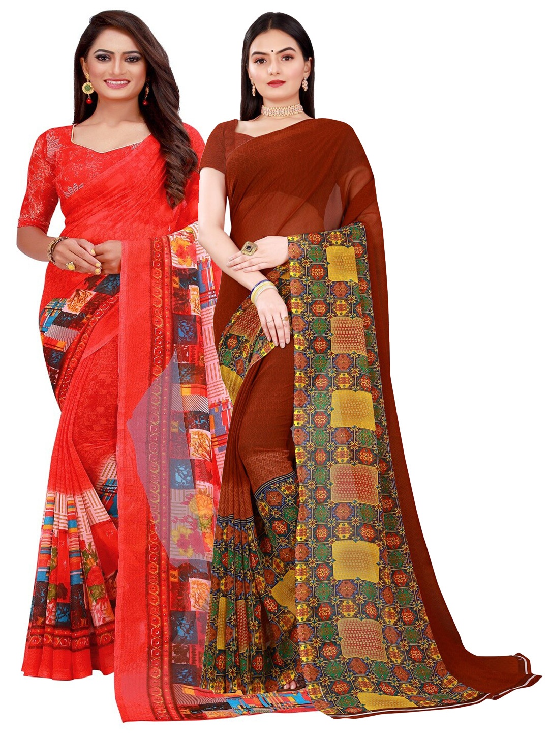 

KALINI Brown & Red Pure Georgette Saree