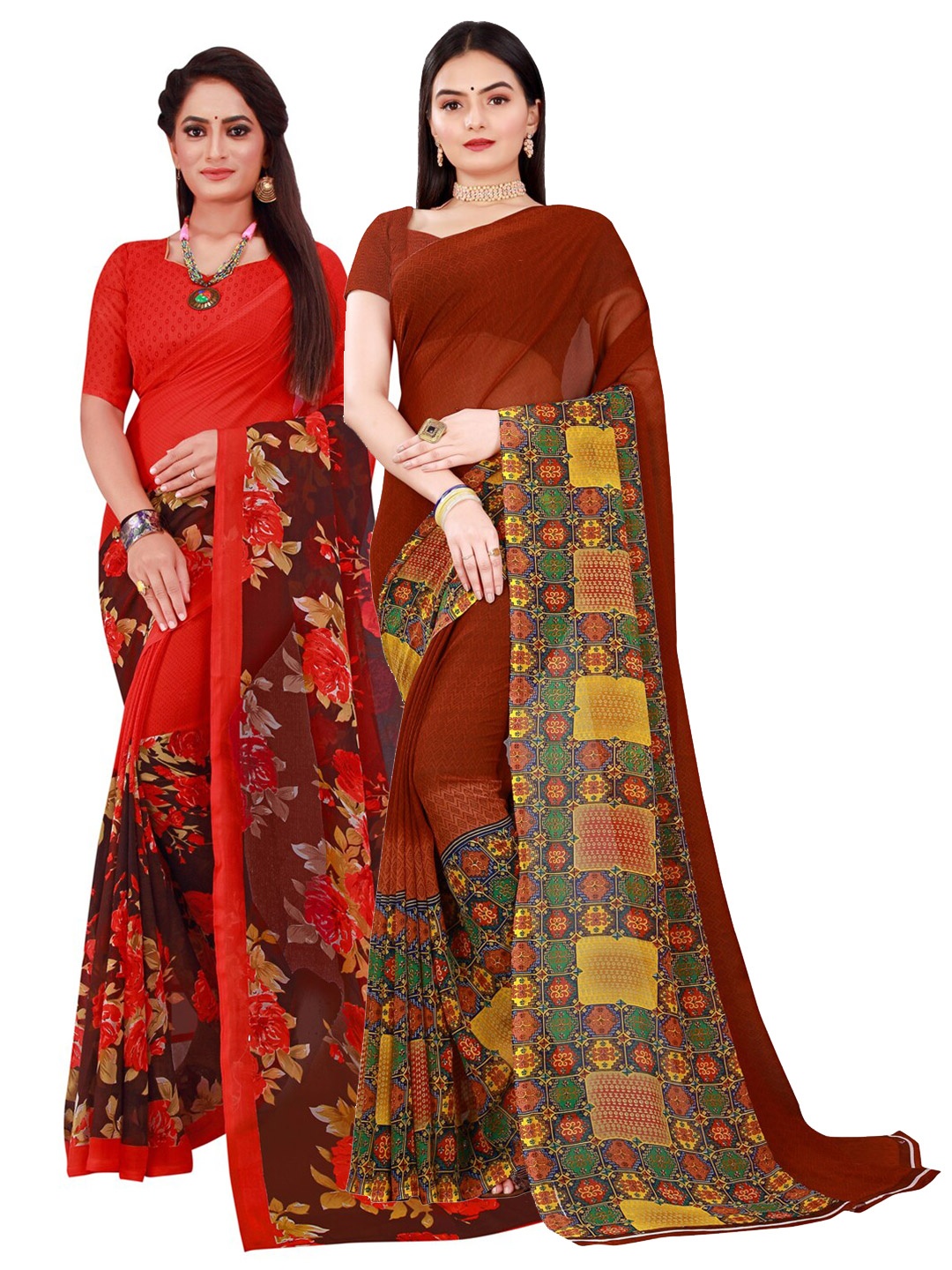 

KALINI Brown & Red Pure Georgette Saree