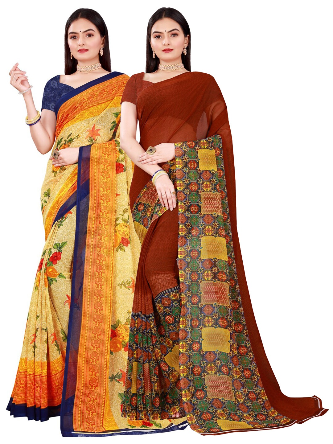 

KALINI Beige & Yellow Floral Pure Georgette Saree