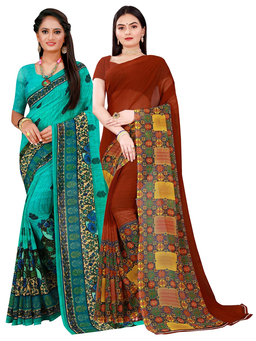 

KALINI Brown & Green Pure Georgette Saree