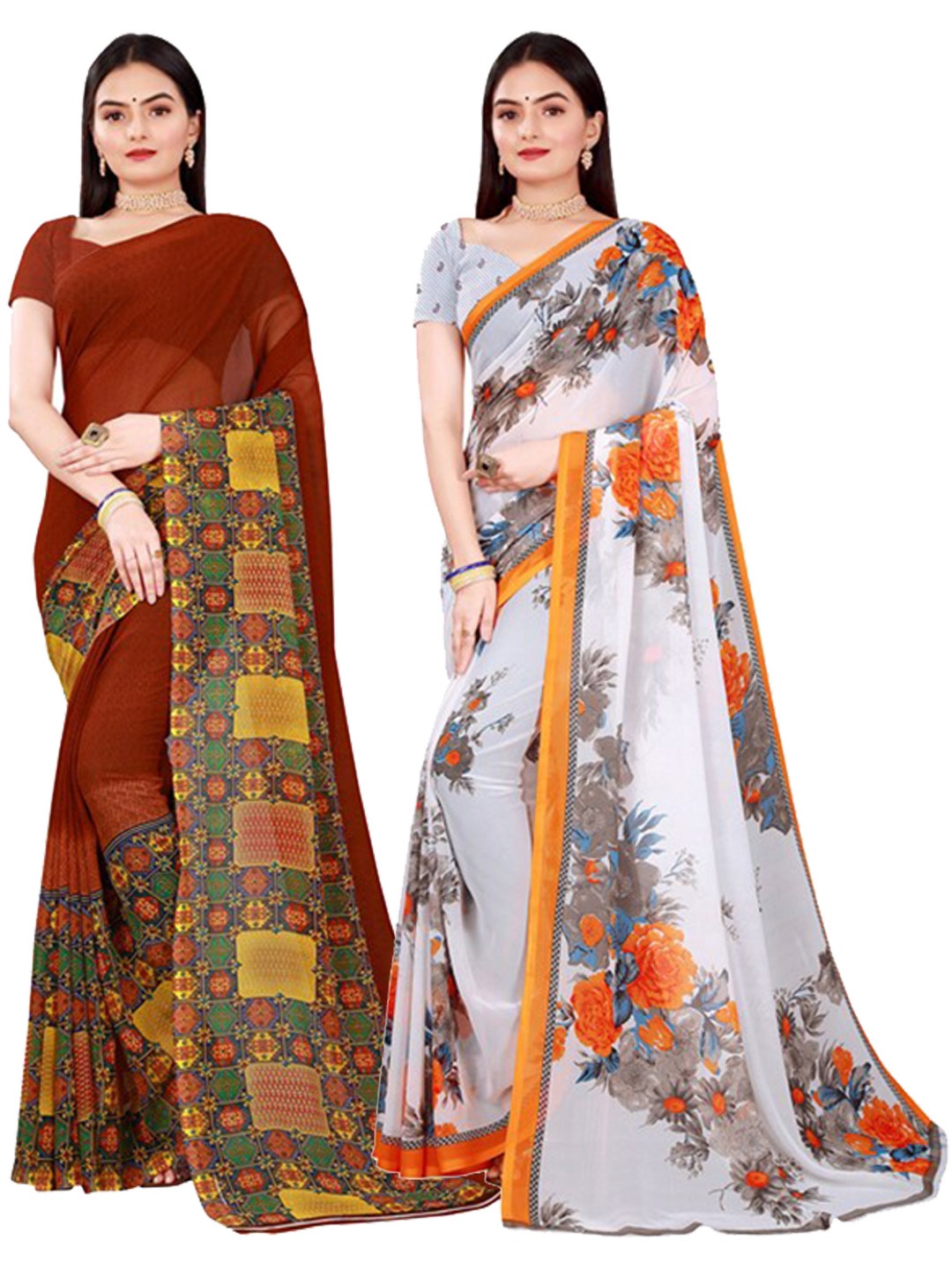 

KALINI Brown & White Pure Georgette Saree