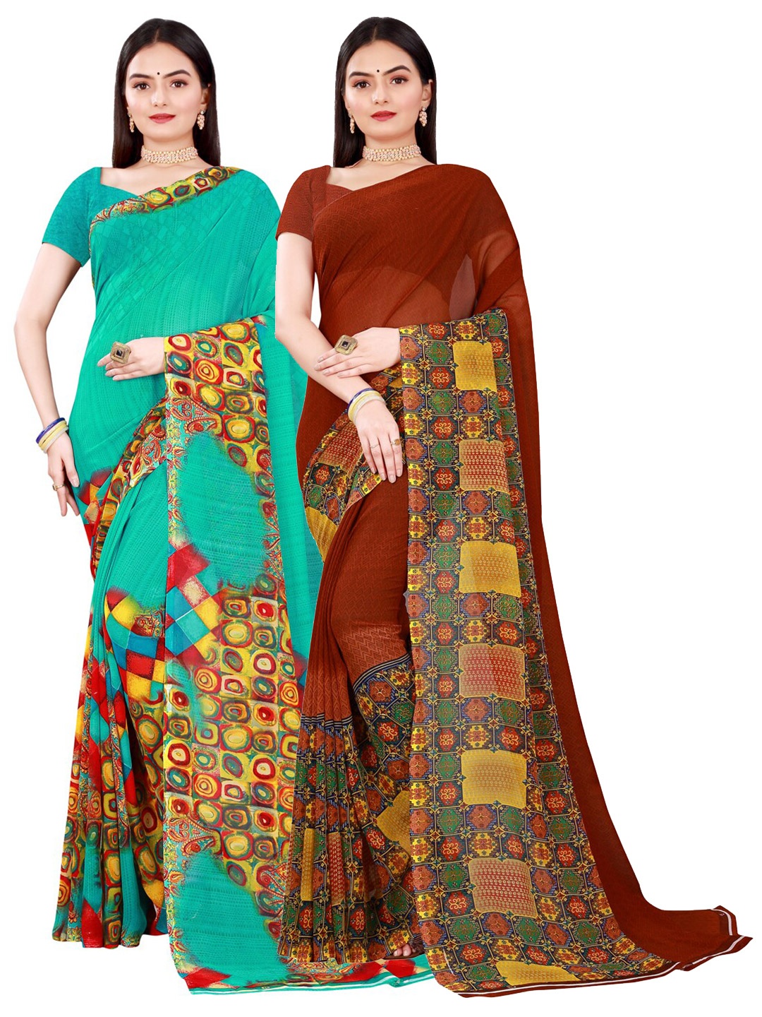 

KALINI Women Pack of 2 Brown & Green Geometric Printed Pure Georgette Saree