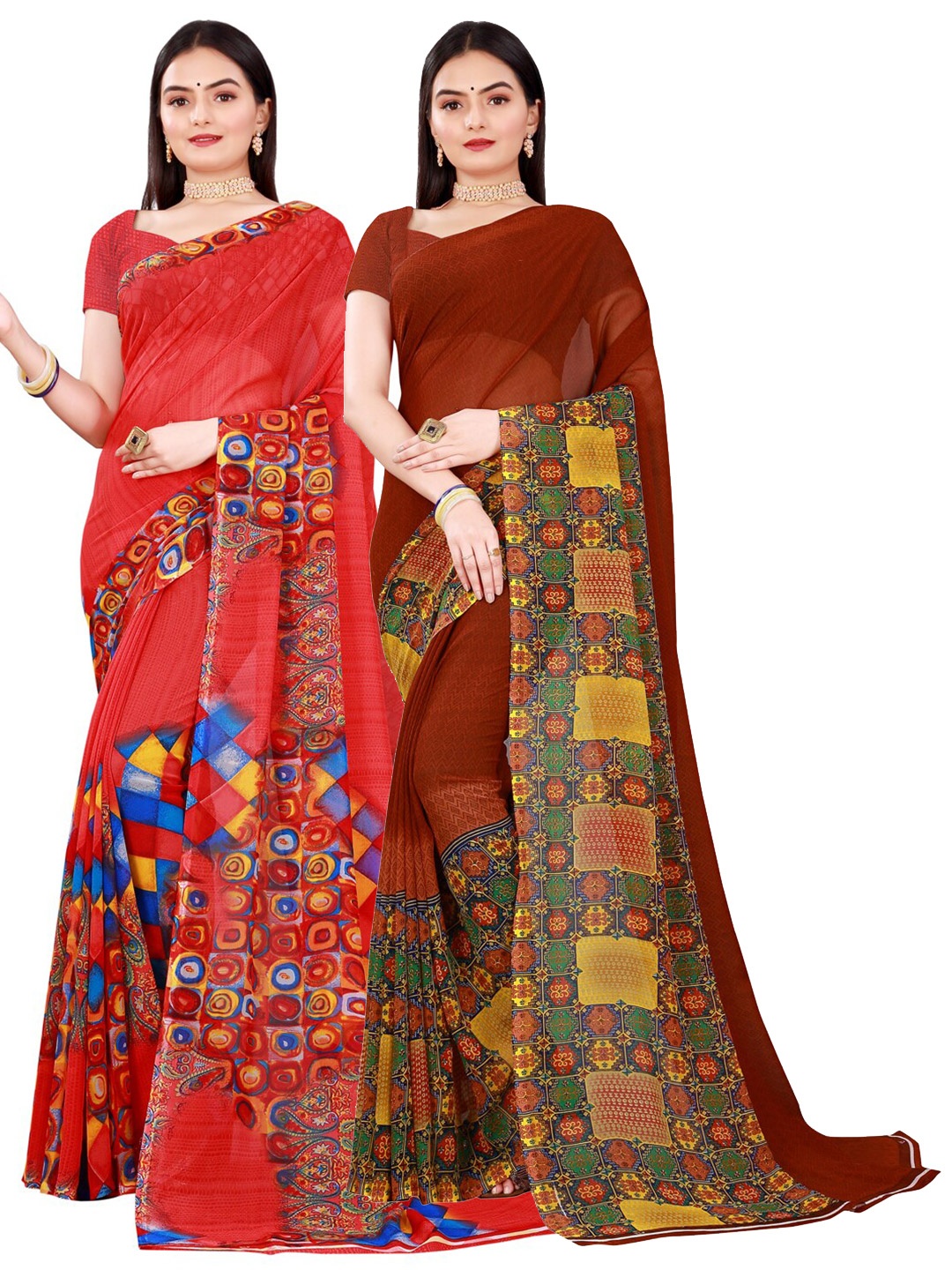 

KALINI Women Pack of 2 Brown & Red Geometric Printed Pure Georgette Saree