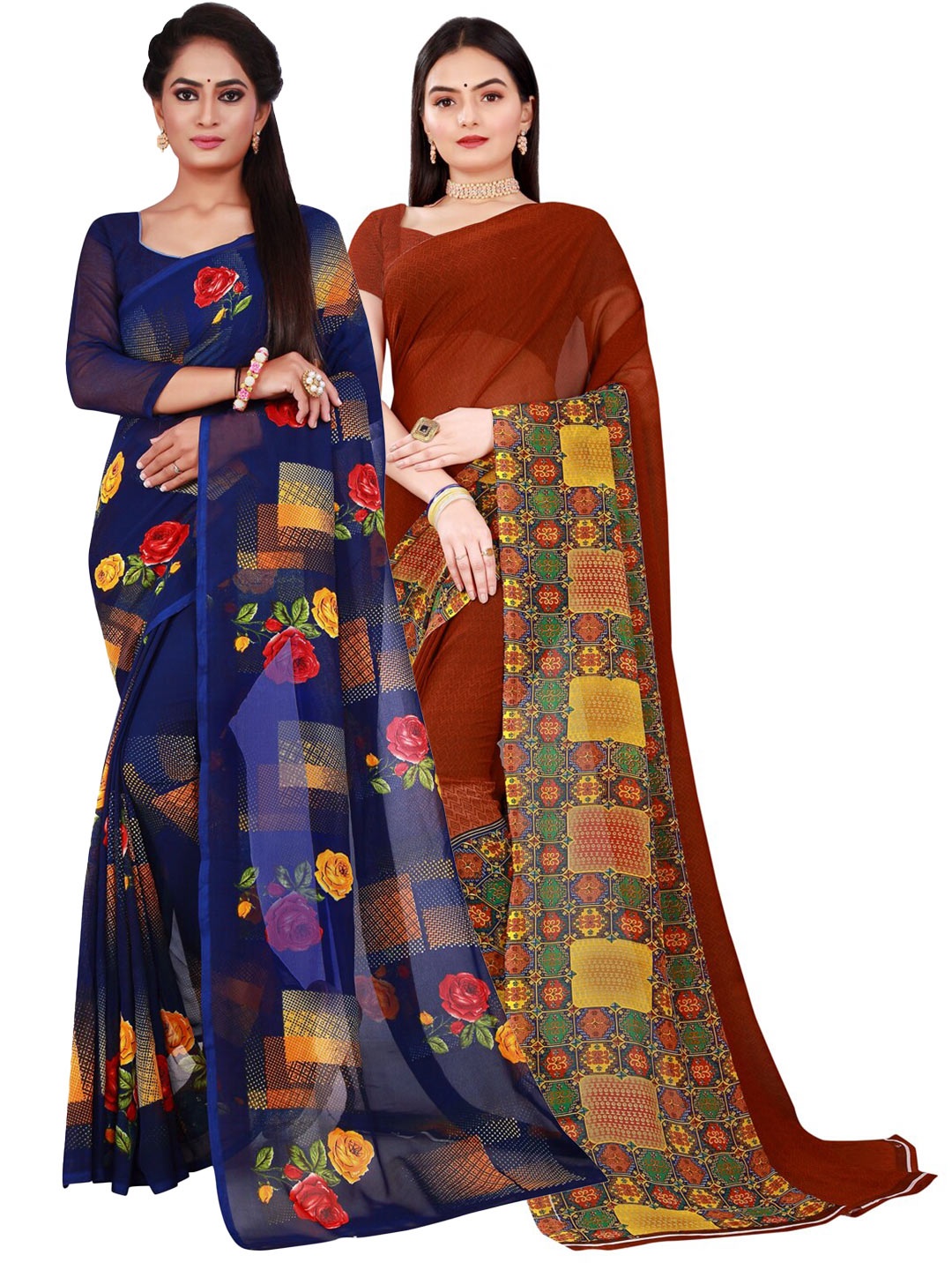 

KALINI Brown & Blue set of 2 Floral Pure Georgette Saree