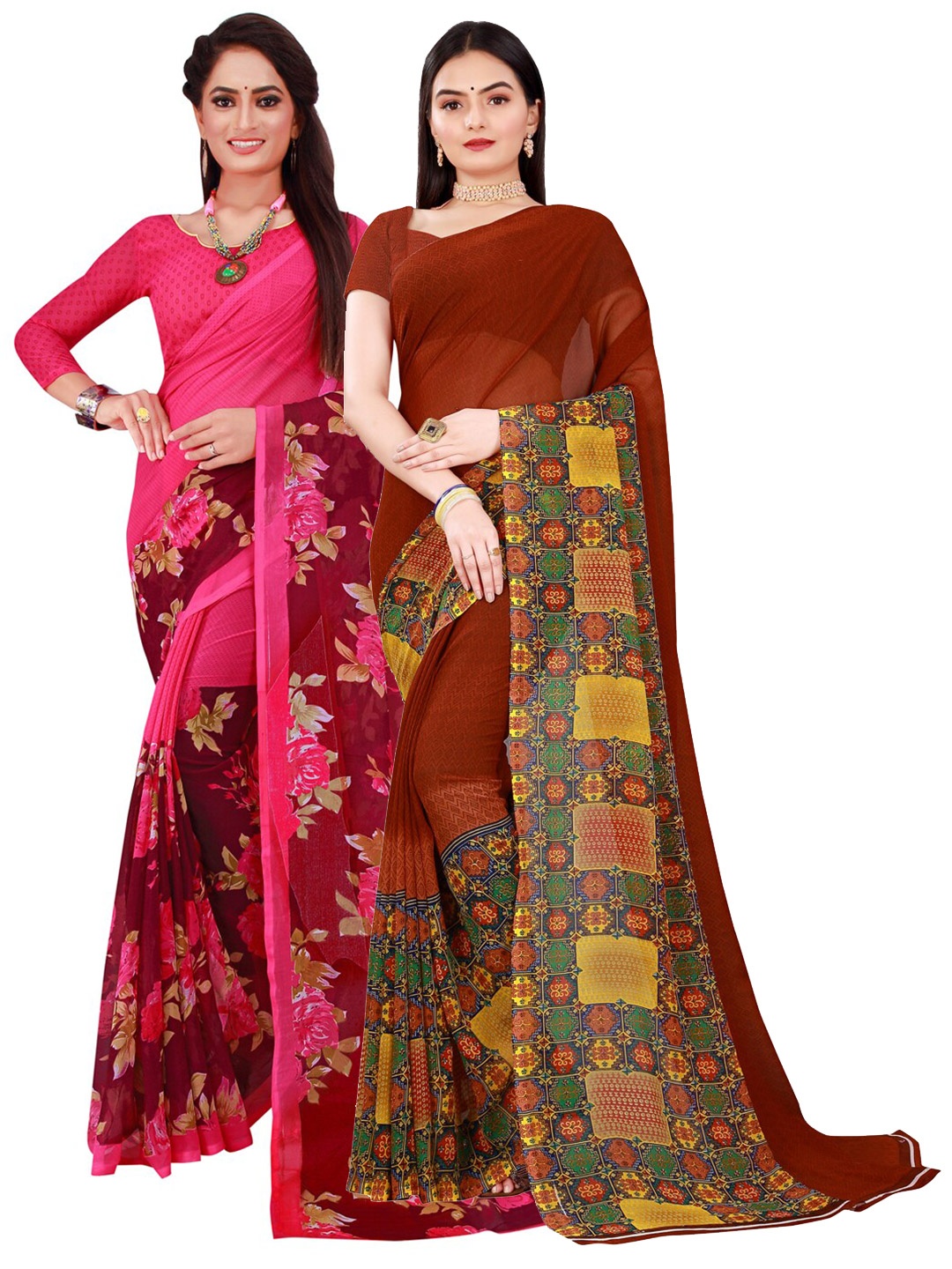 

KALINI Women Pack of 2 Brown & Magenta Printed Pure Georgette Saree