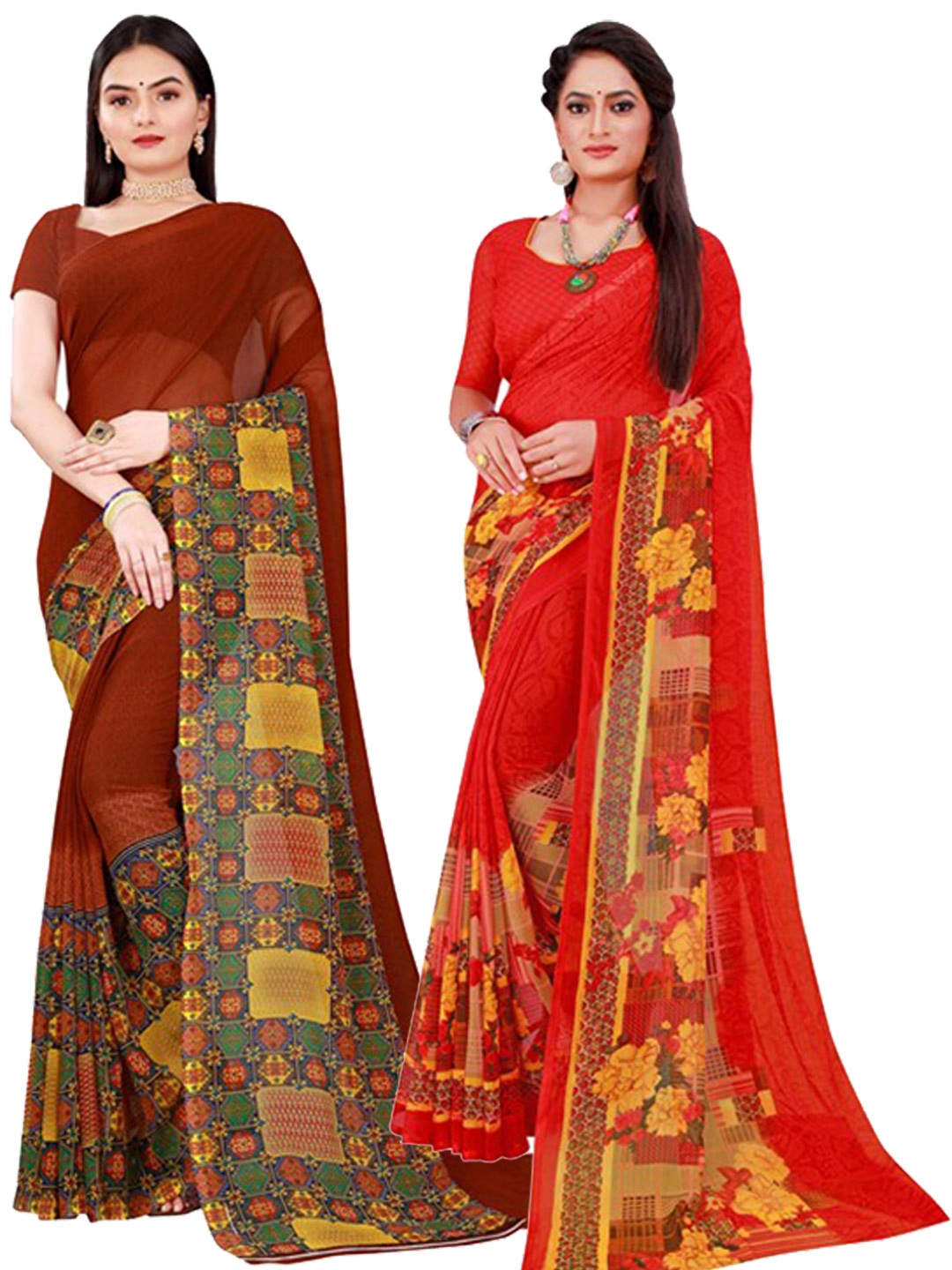 

KALINI Women Pack of 2 Brown & Red Floral Printed Pure Georgette Saree