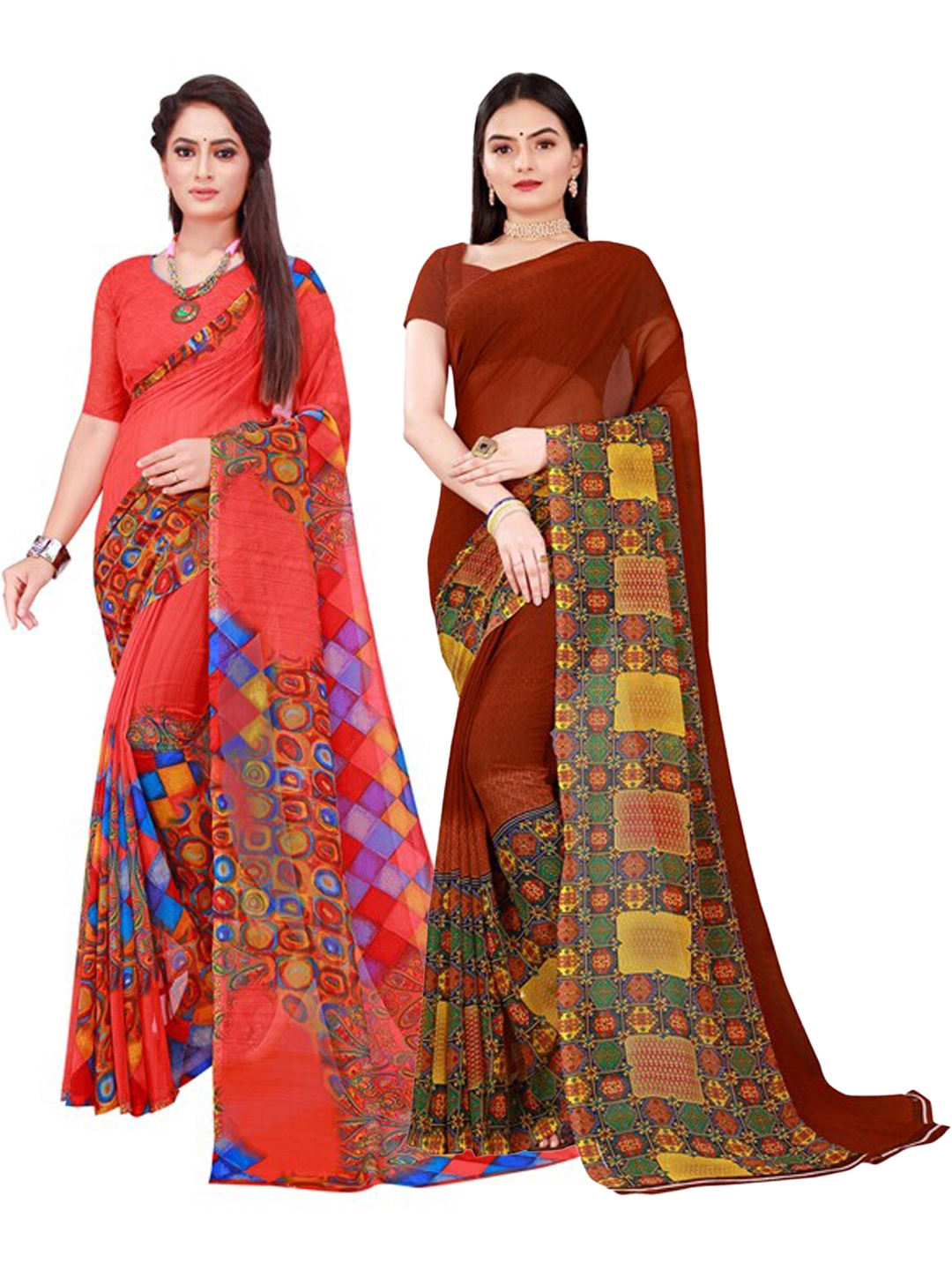 

KALINI Women Pack of 2 Brown & Red Geometric Printed Pure Georgette Saree