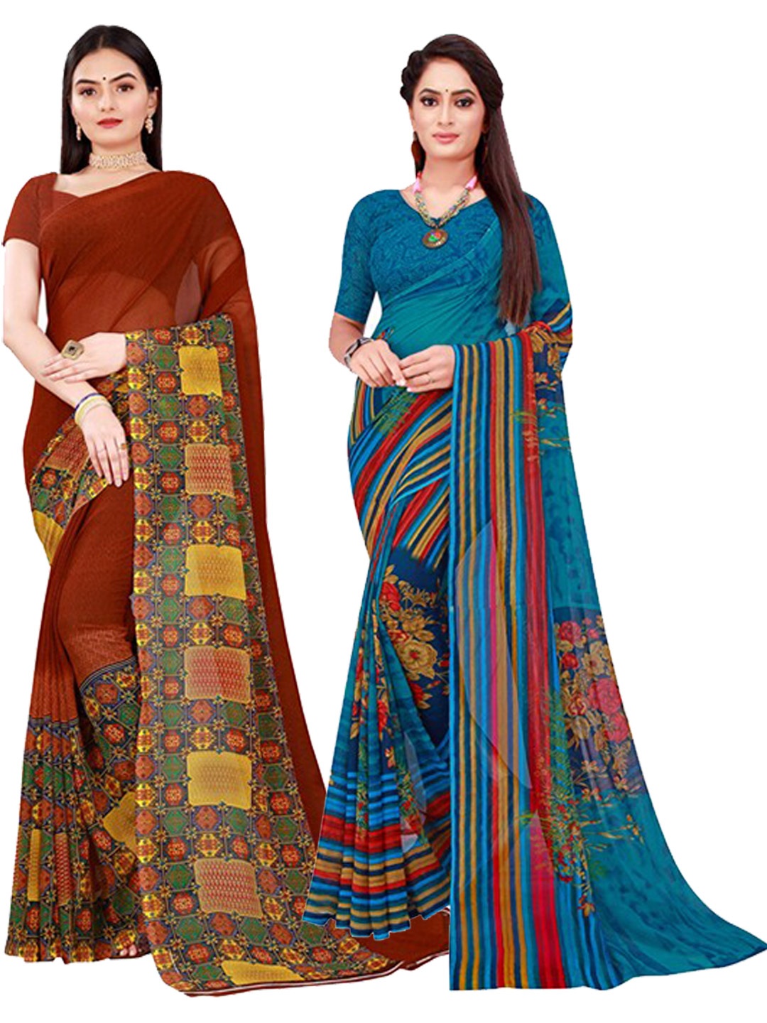 

KALINI Women Pack of 2 Brown & Blue Printed Pure Georgette Saree