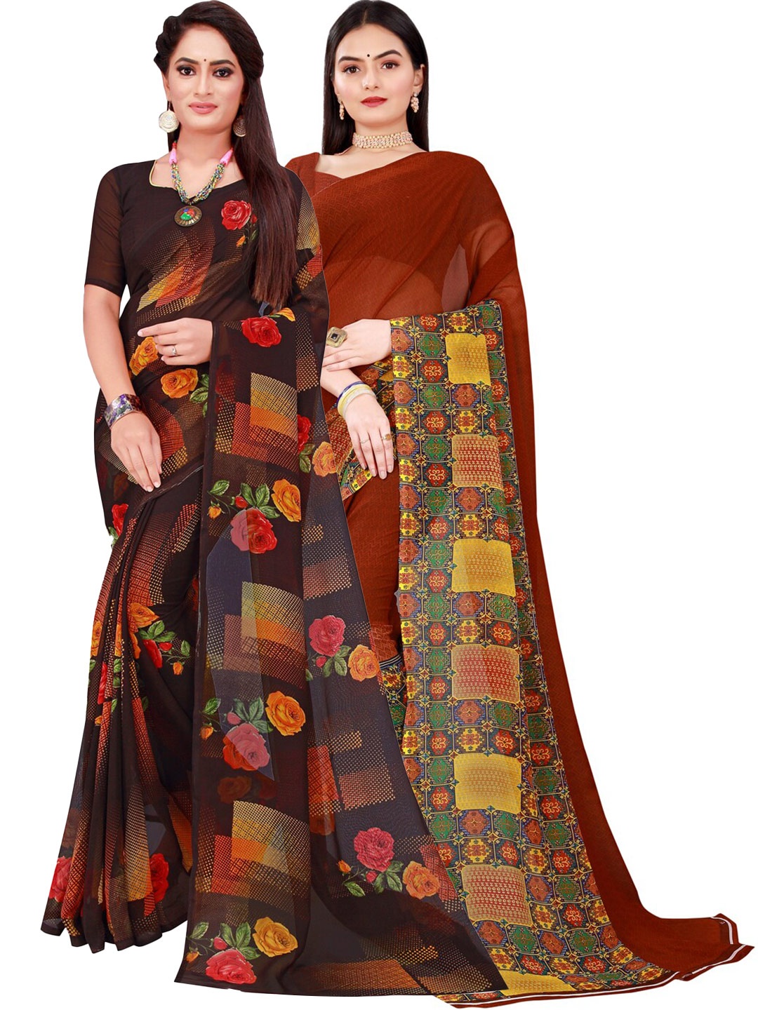 

KALINI Women Pack of 2 Brown & Coffee Brown Geometric Printed Pure Georgette Saree