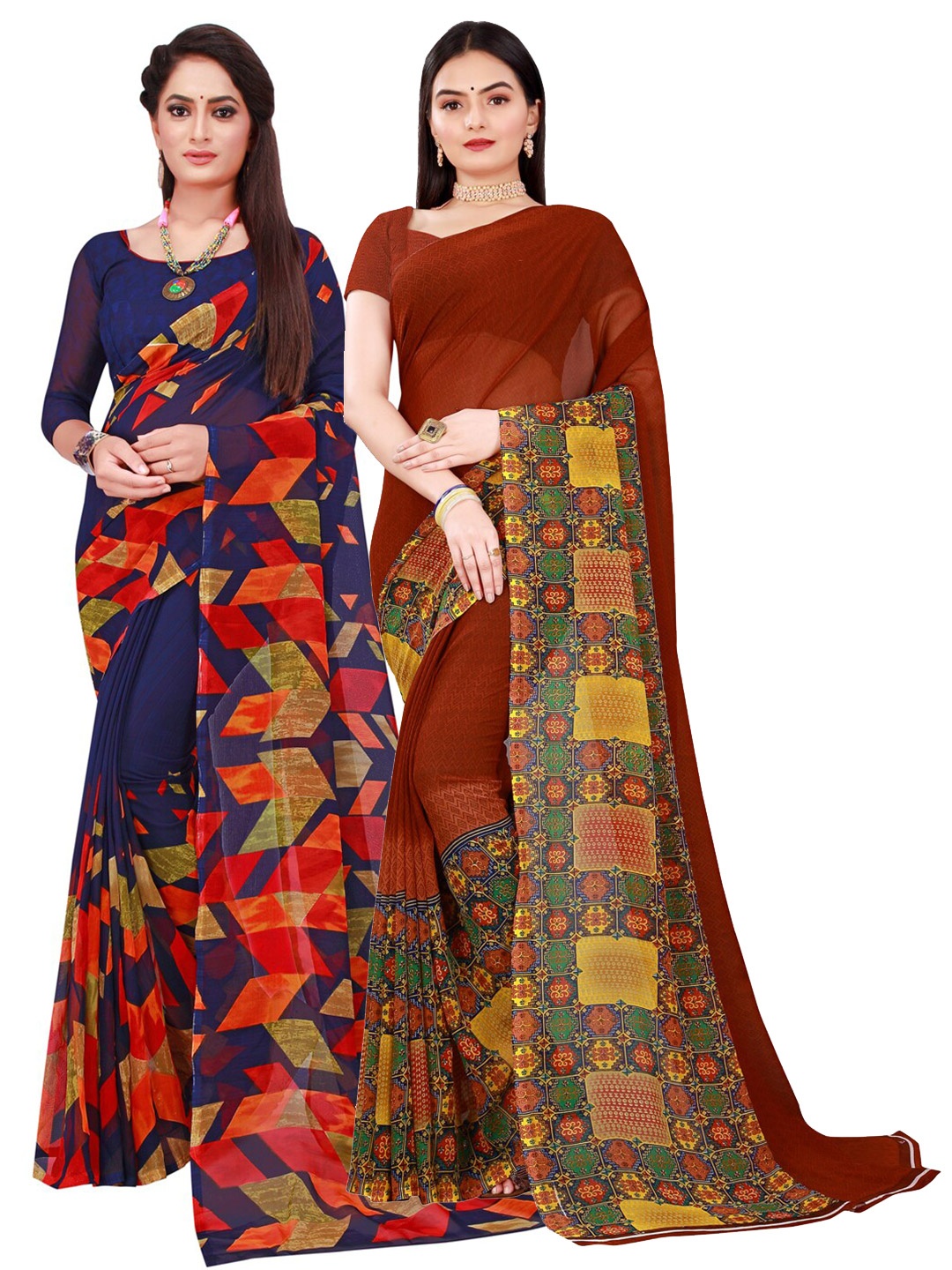 

KALINI Women Pack of 2 Navy Blue & Brown Geometric Printed Pure Georgette Saree