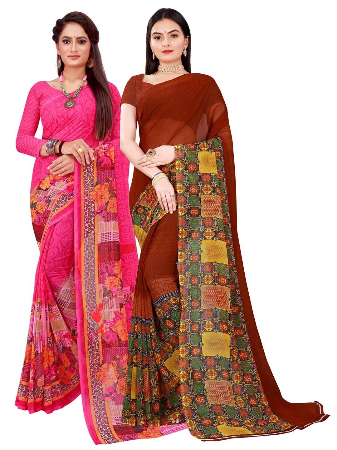 

KALINI Women Pack of 2 Pink & Brown Geometric Printed Pure Georgette Saree