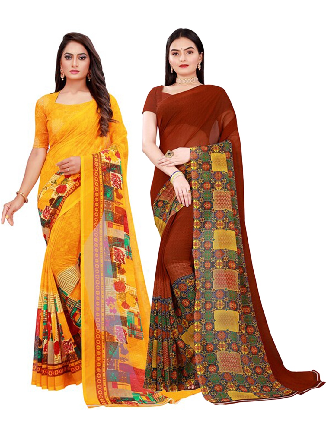 

KALINI Women Pack of 2 Brown & Yellow Geometric Printed Pure Georgette Saree