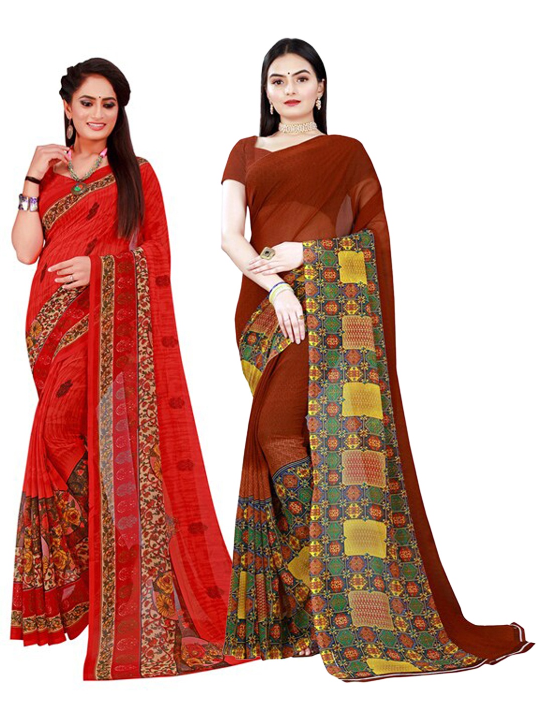 

KALINI Women Pack of 2 Brown & Red Floral and Geometric Printed Pure Georgette Saree