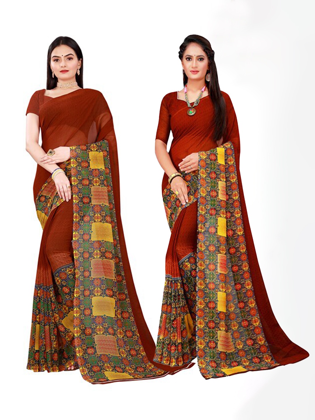 

KALINI Women Pack of 2 Brown & Yellow Geometric Printed Pure Georgette Saree
