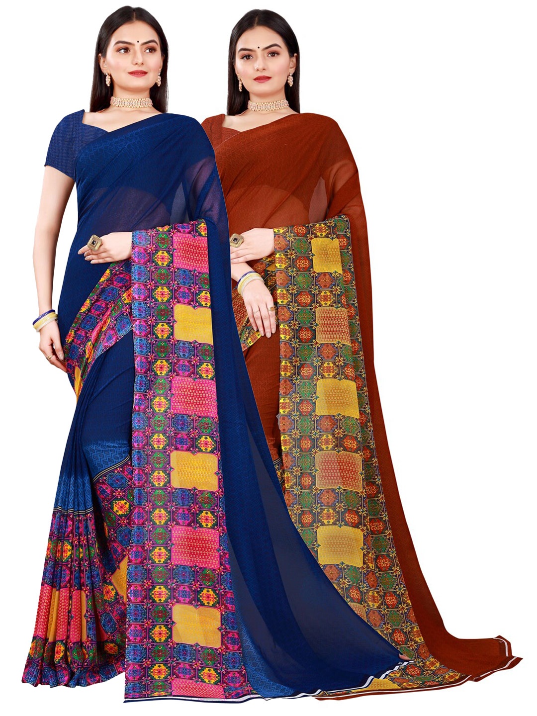 

KALINI Women Pack of 2 Brown & Navy Blue Geometric Printed Pure Georgette Saree