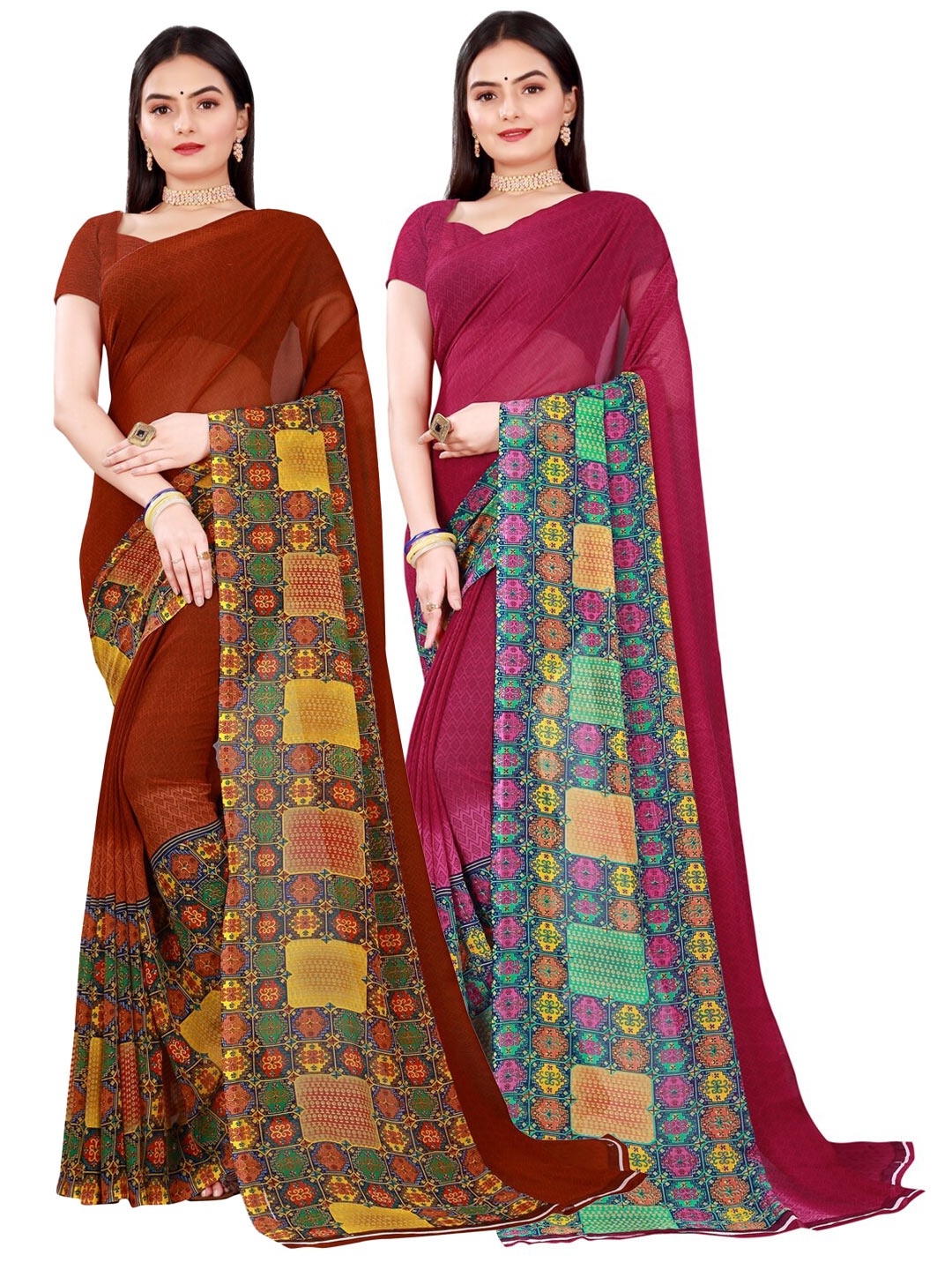 

KALINI Women Pack of 2 Brown & Pink Geometric Printed Pure Georgette Saree