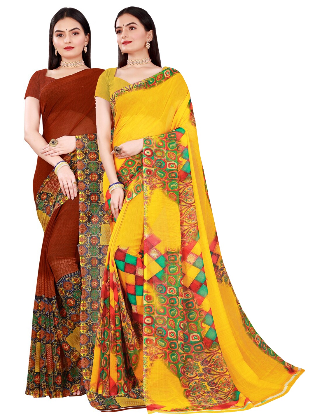 

KALINI Women Pack of 2 Brown & Yellow Geometric Printed Pure Georgette Saree