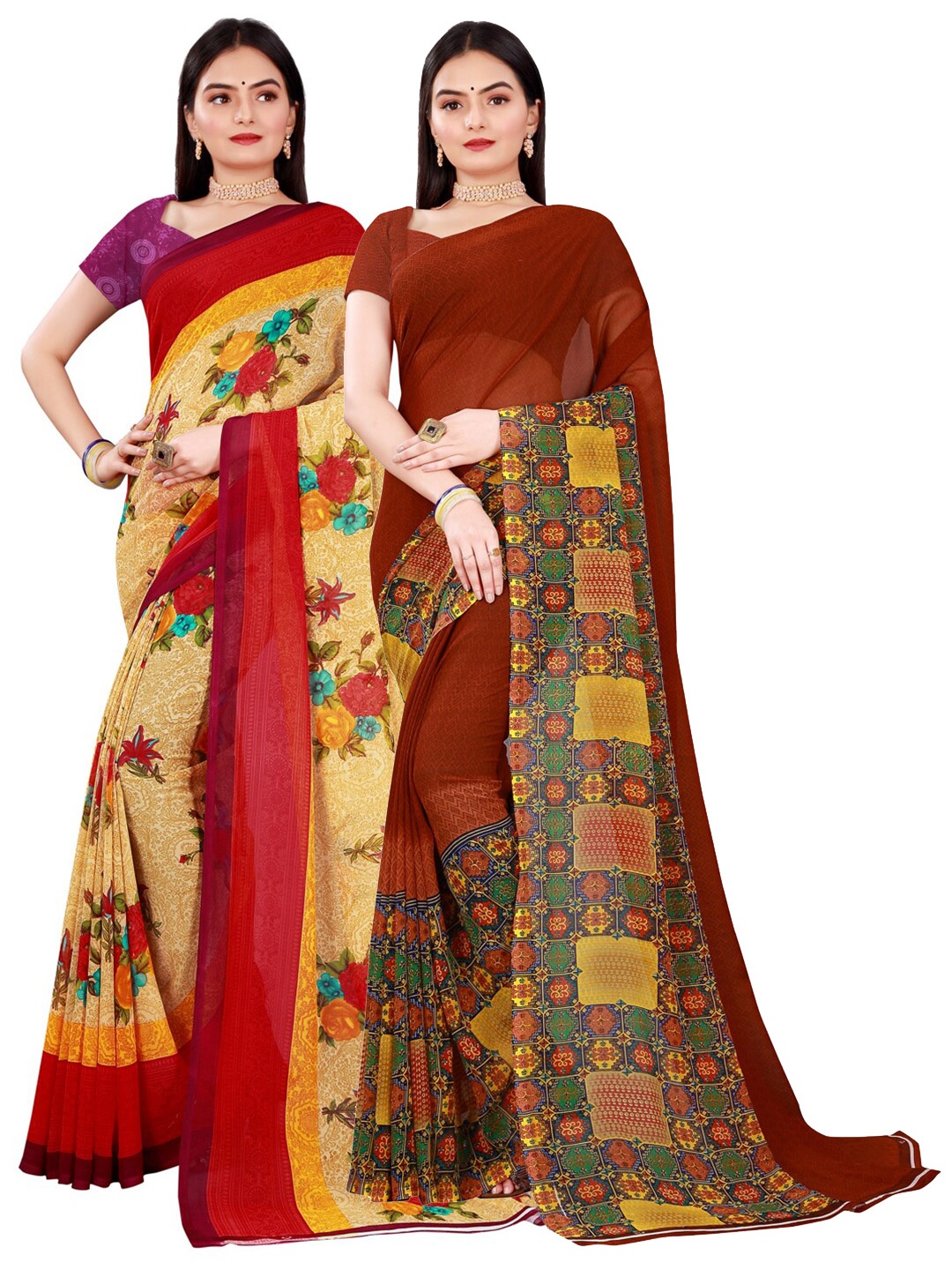 

KALINI Women Pack of 2 Beige & Brown Floral and Geometric Printed Pure Georgette Saree