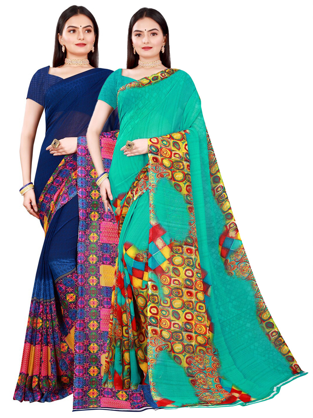 

KALINI Women Pack of 2 Navy Blue & Teal Geometric Printed Pure Georgette Saree