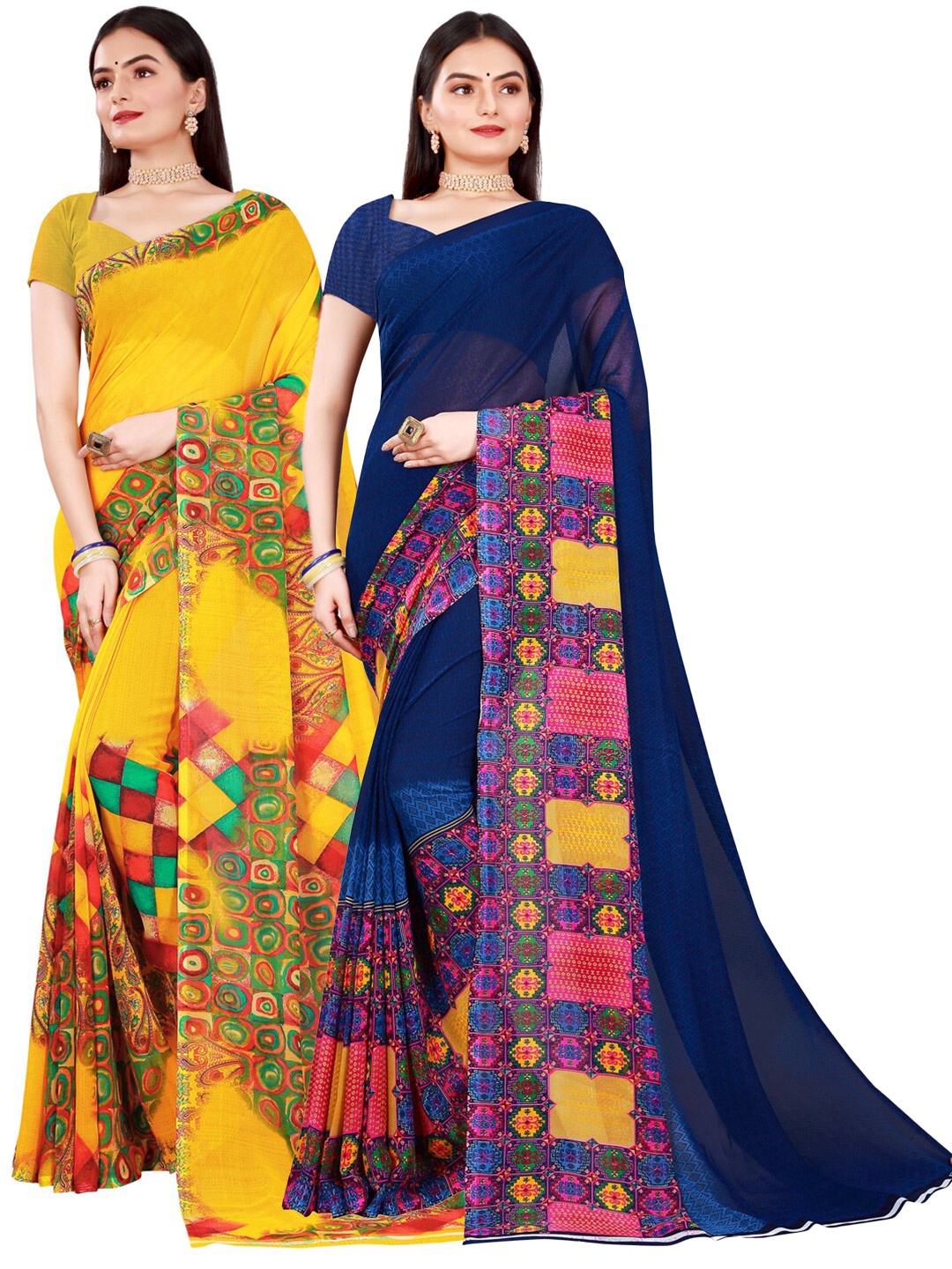 

KALINI Women Pack of 2 Navy Blue & Yellow Geometric Printed Pure Georgette Saree