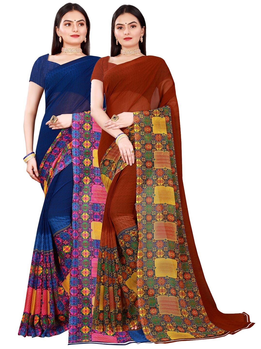 

KALINI Women Pack of 2 Navy Blue & Brown Geometric Printed Pure Georgette Saree