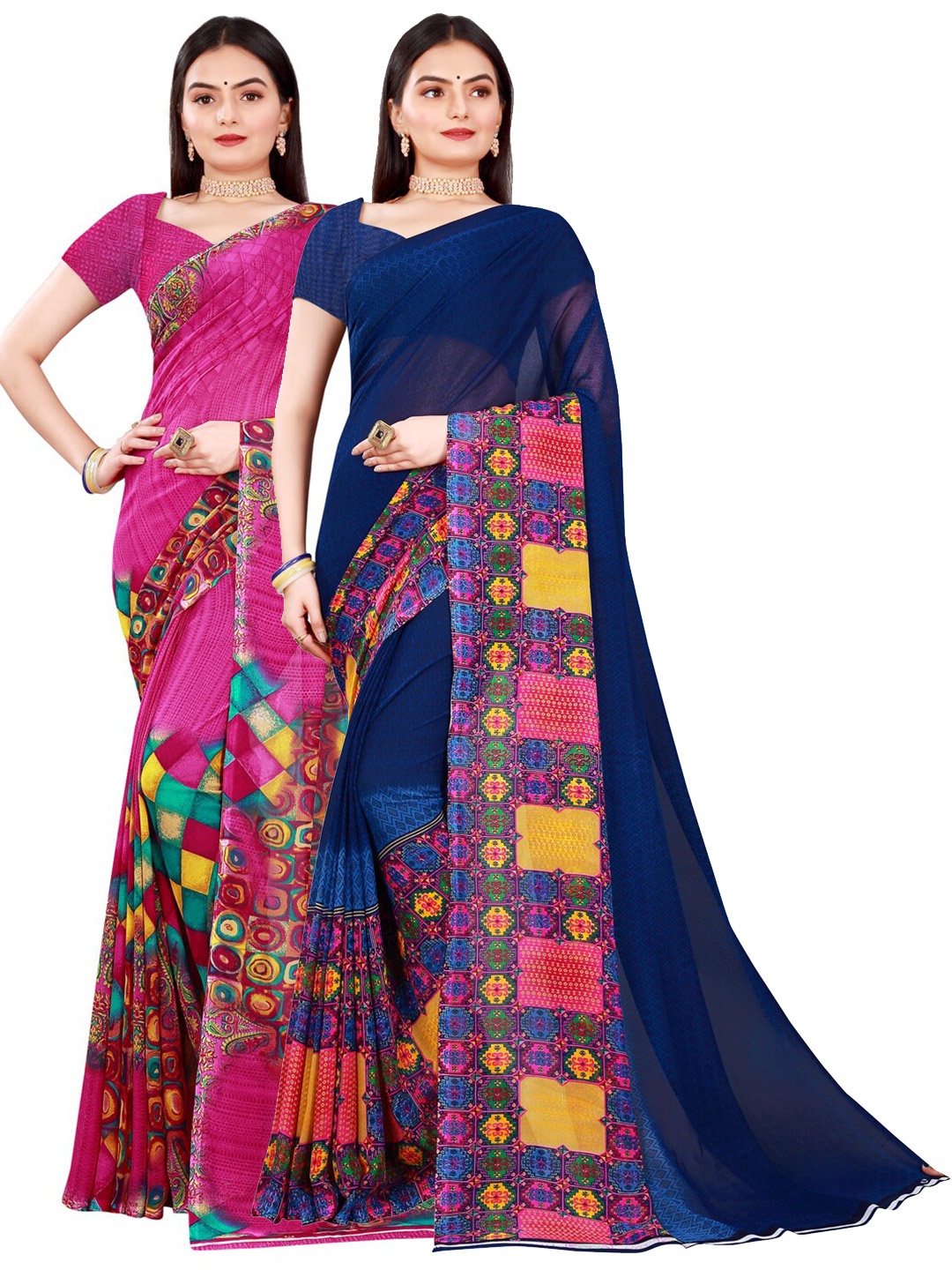 

KALINI Women Pack of 2 Magenta & Navy Blue Geometric Printed Pure Georgette Saree