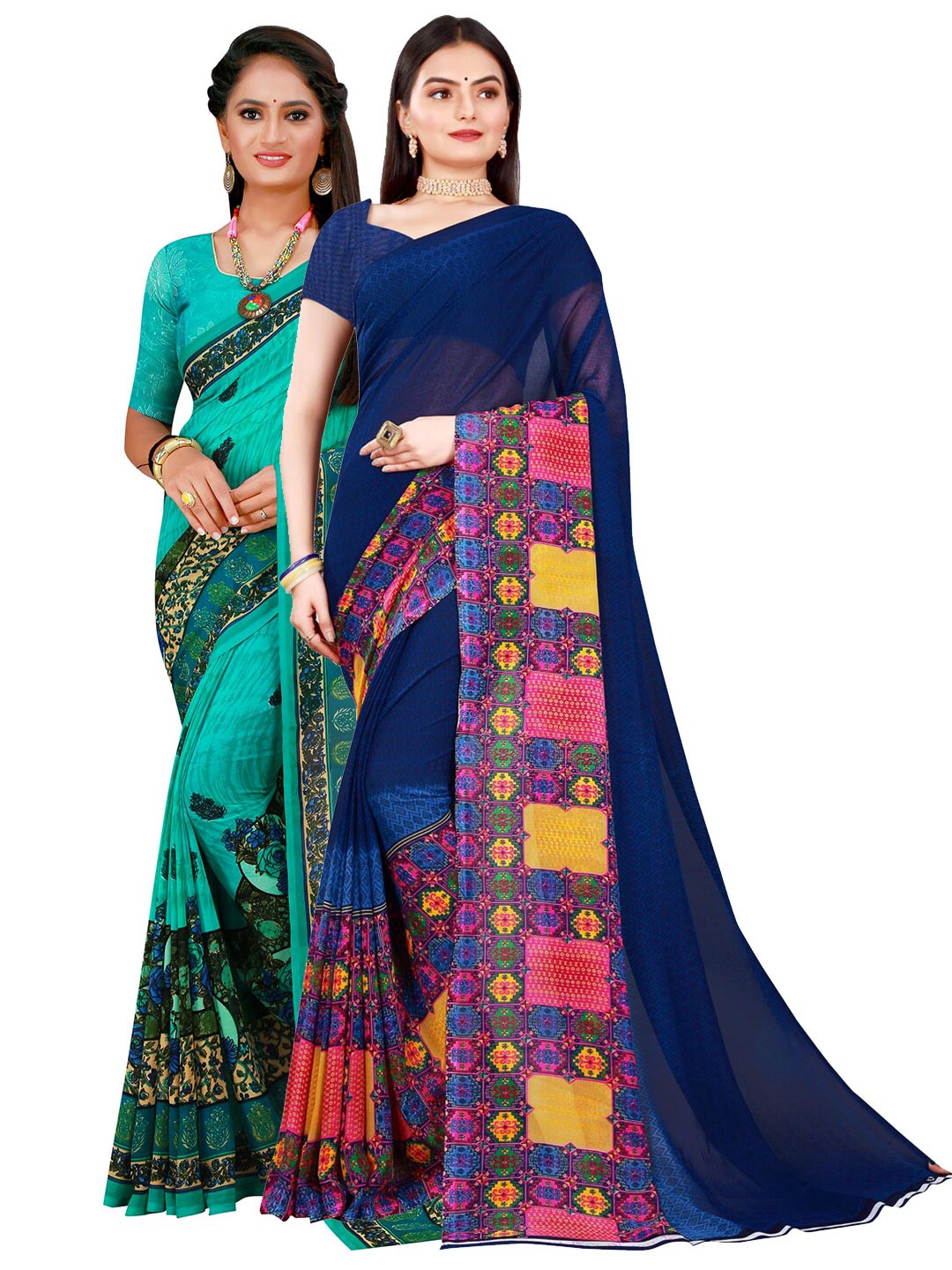 

KALINI Women Pack of 2 Navy Blue & Teal Floral and Geometric Printed Pure Georgette Saree