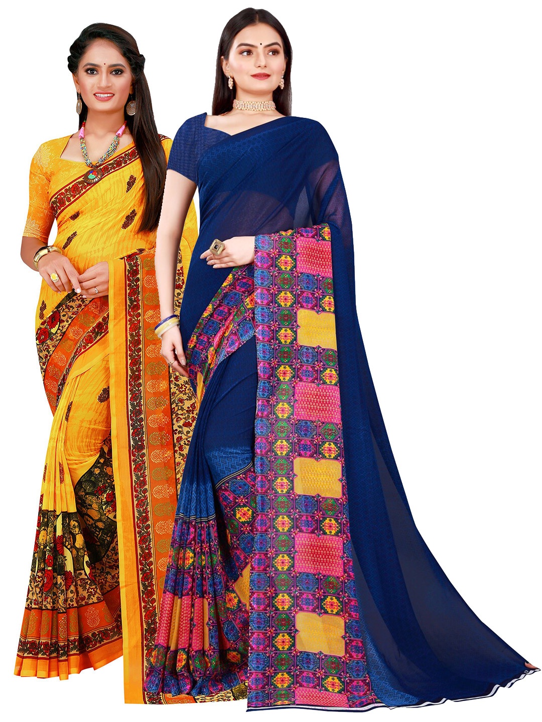 

KALINI Women Pack of 2 Navy Blue & Yellow Printed Pure Georgette Saree