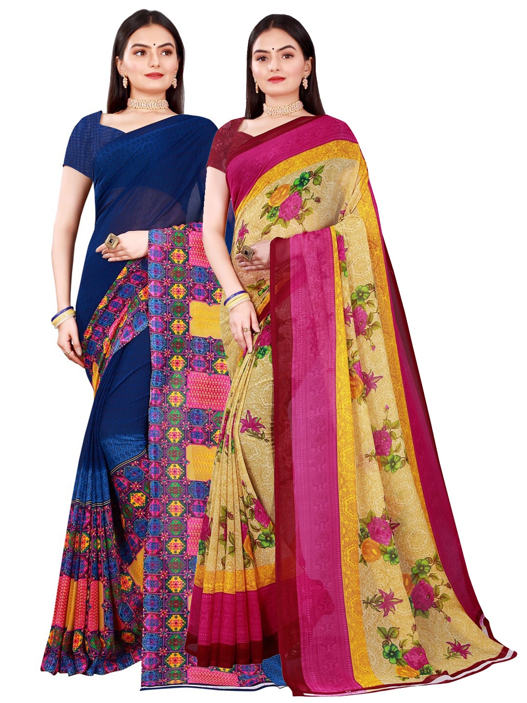 

KALINI Women Pack of 2 Beige & Navy Blue Floral Printed Pure Georgette Saree