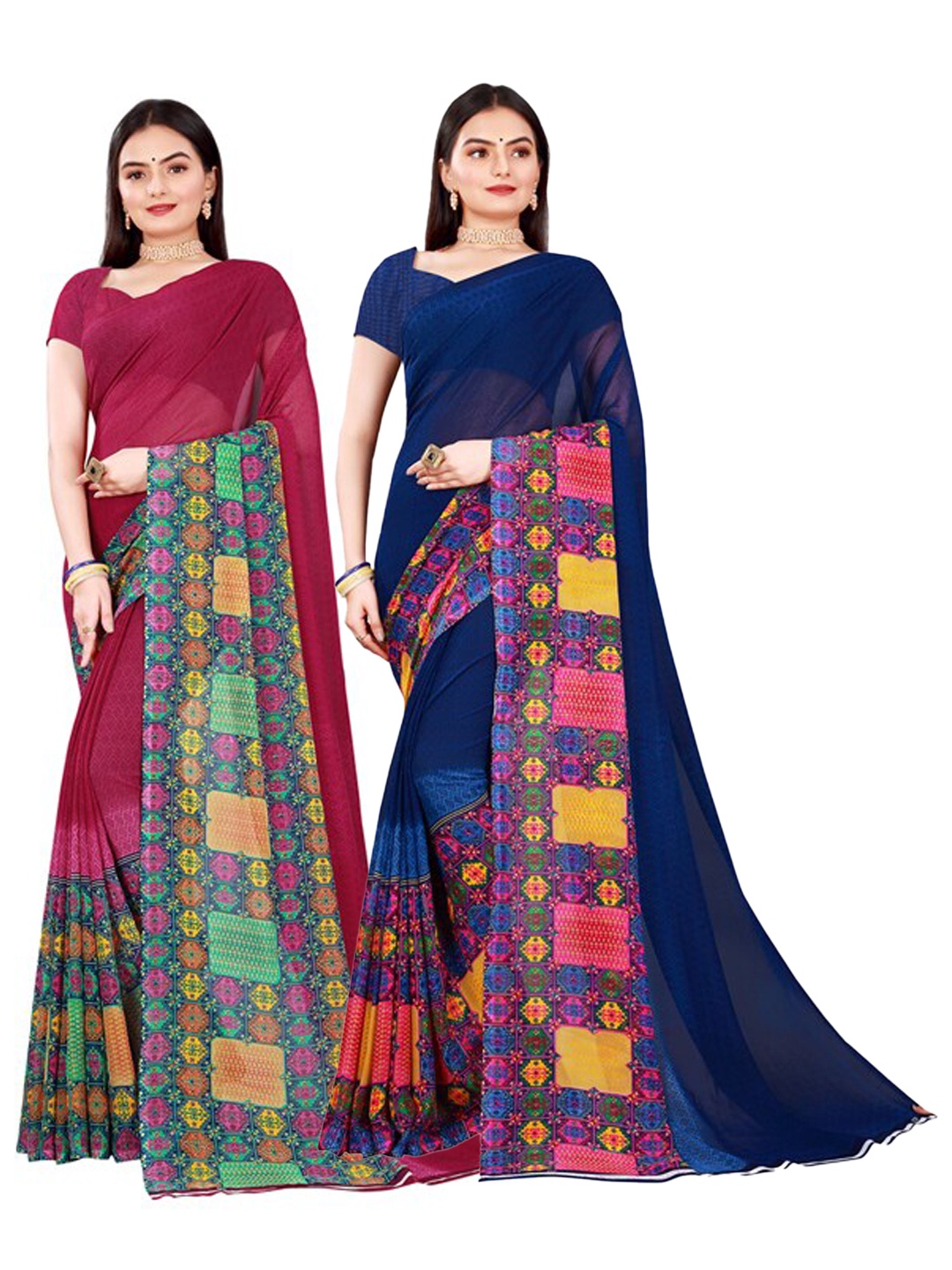 

KALINI Navy Blue & Maroon Pure Georgette Saree