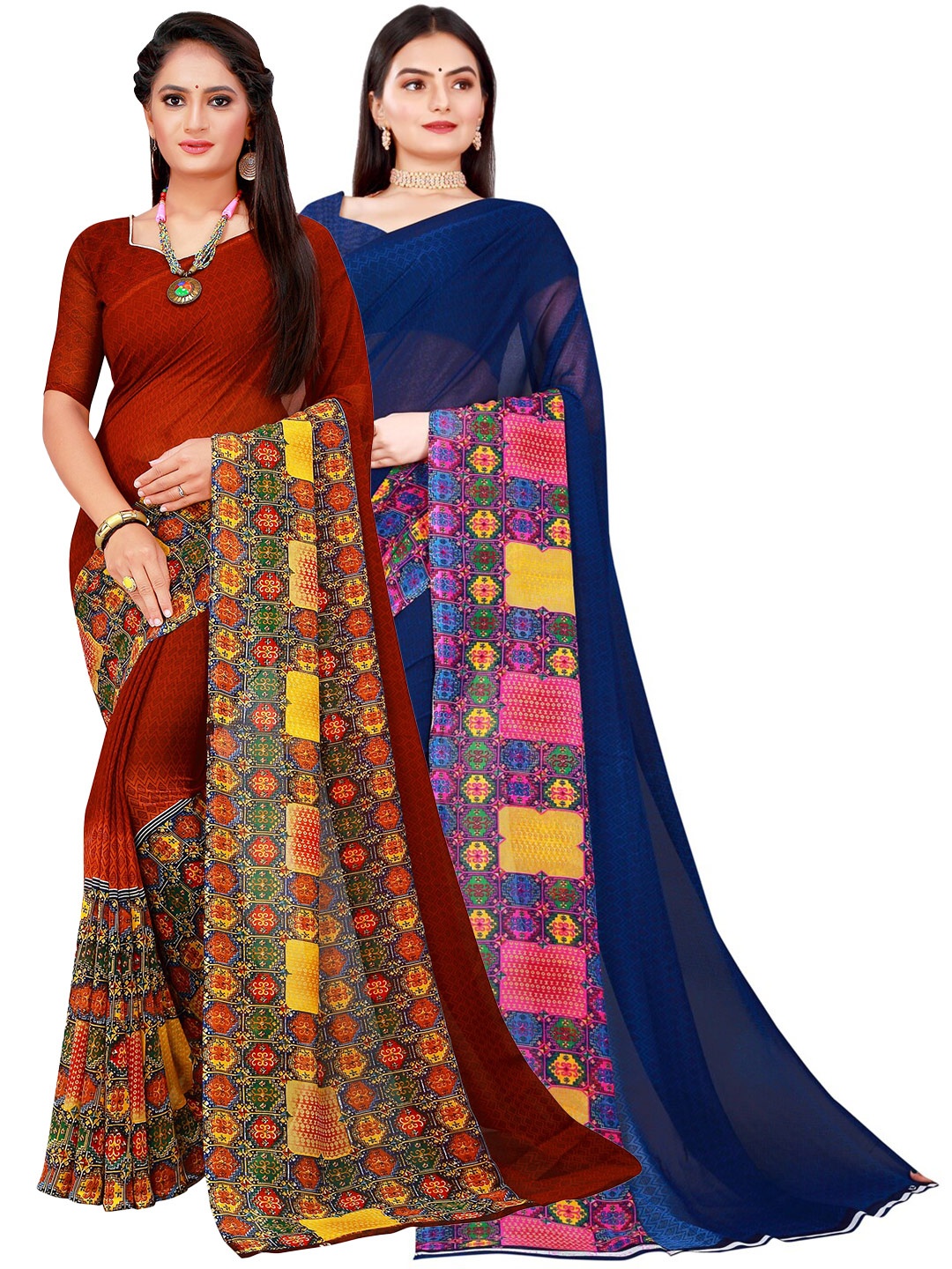 

KALINI Navy Blue & Brown Pure Georgette Saree