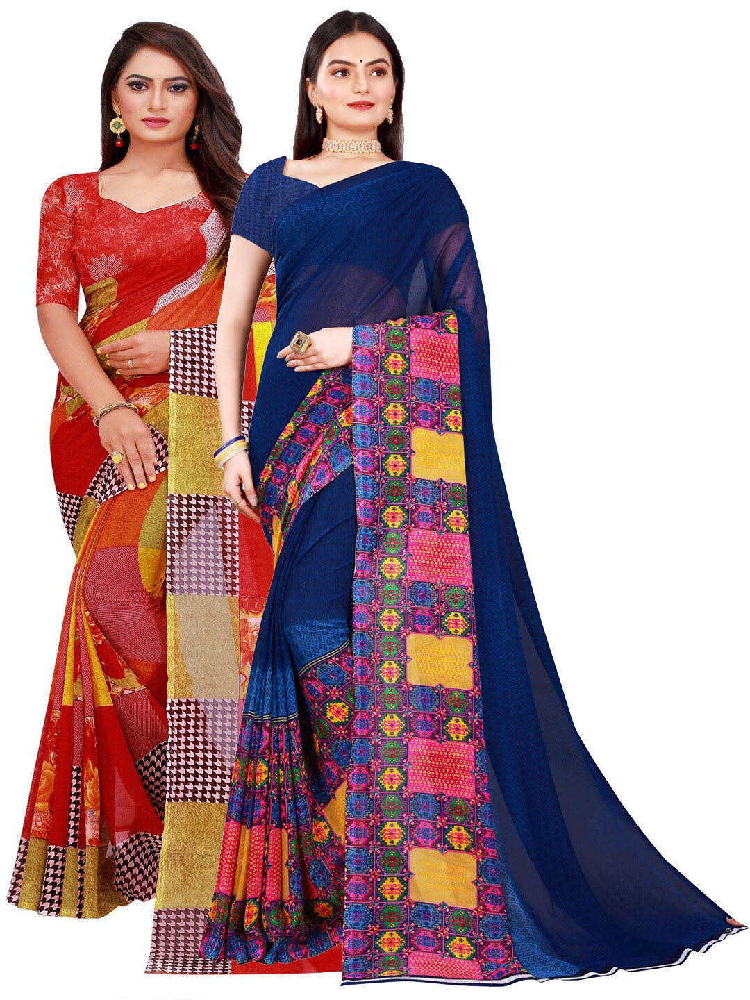 

KALINI Navy Blue & Yellow Floral Pure Georgette Saree