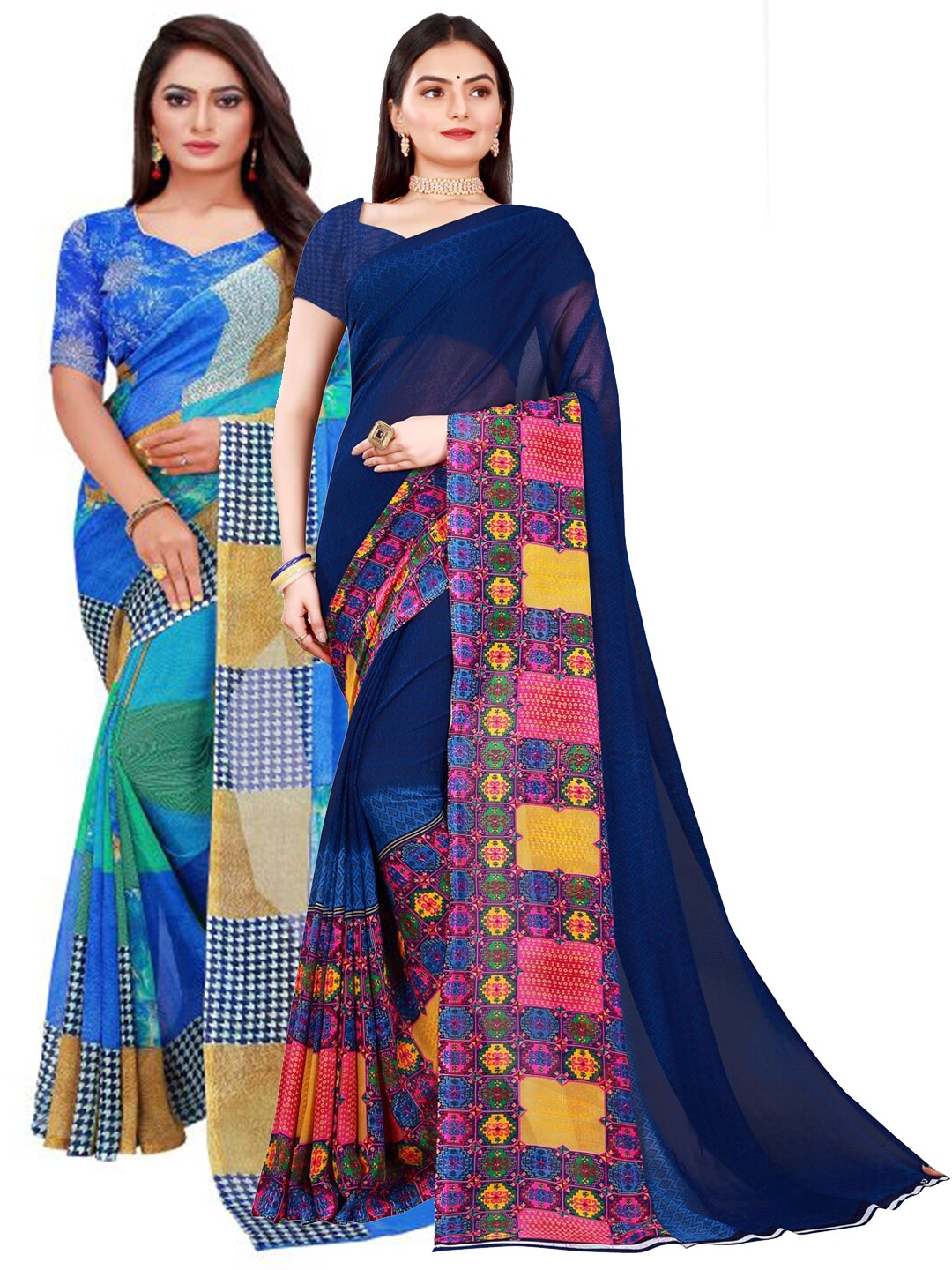 

KALINI Blue & Navy Blue Pack Of 2 Pure Georgette Saree