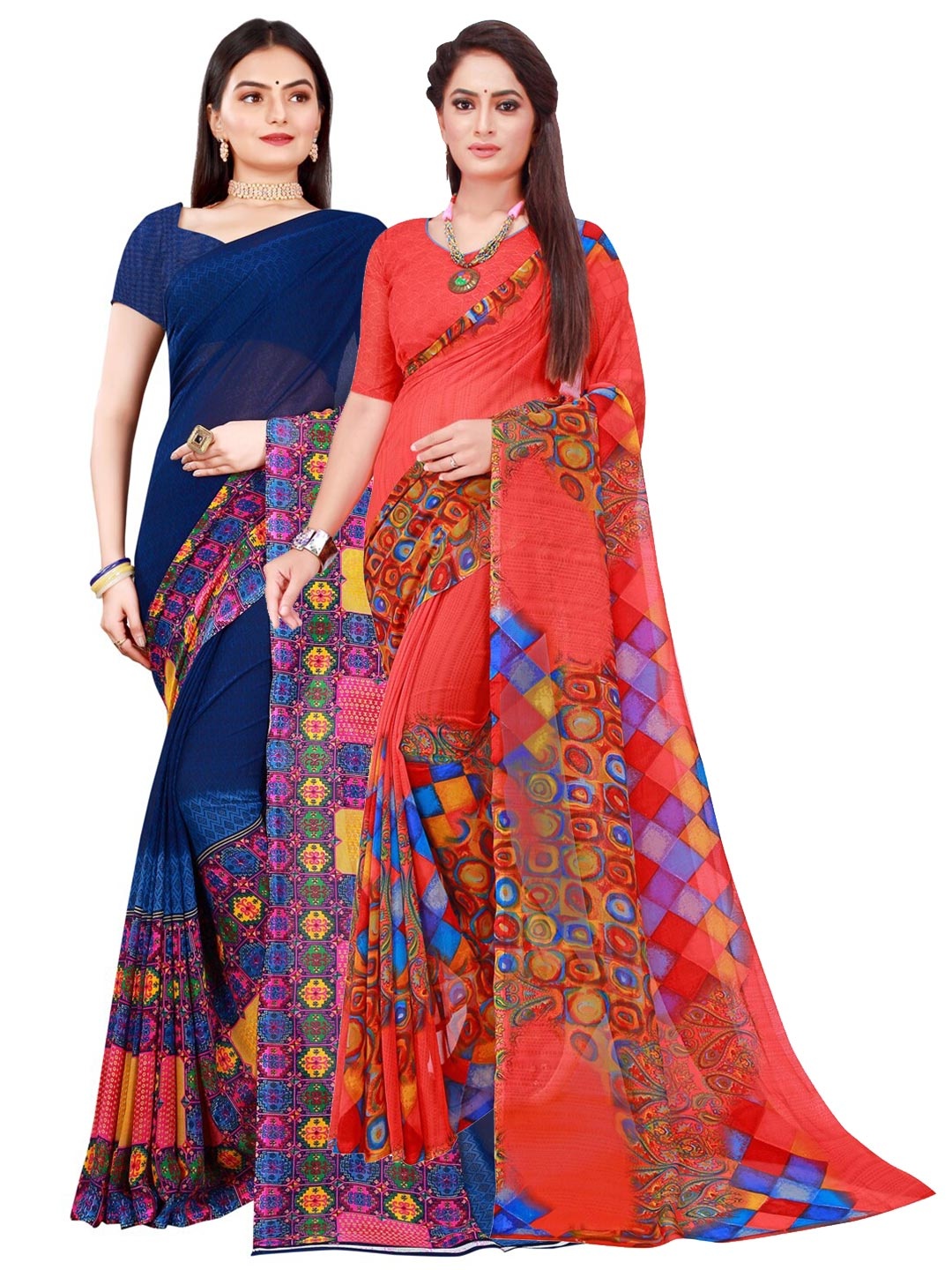 

KALINI Navy Blue & Red Pure Georgette Saree