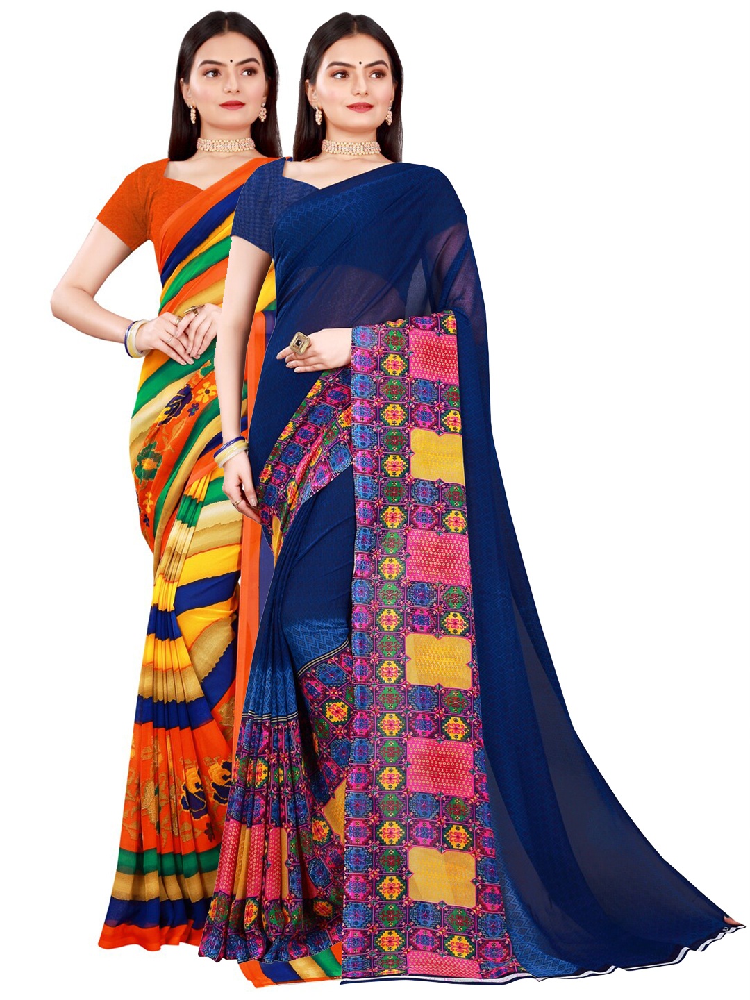 

KALINI Pack Of 2 Orange & Navy Blue Pure Georgette Saree