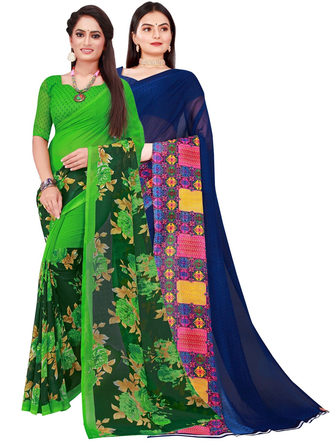 

KALINI Navy Blue & Green set of 2 Pure Georgette Saree