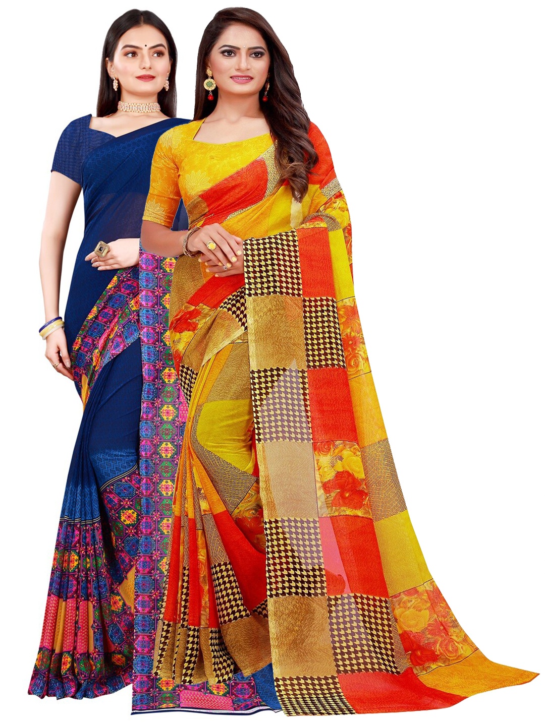 

KALINI Navy Blue & Yellow Floral set of 2 Pure Georgette Saree