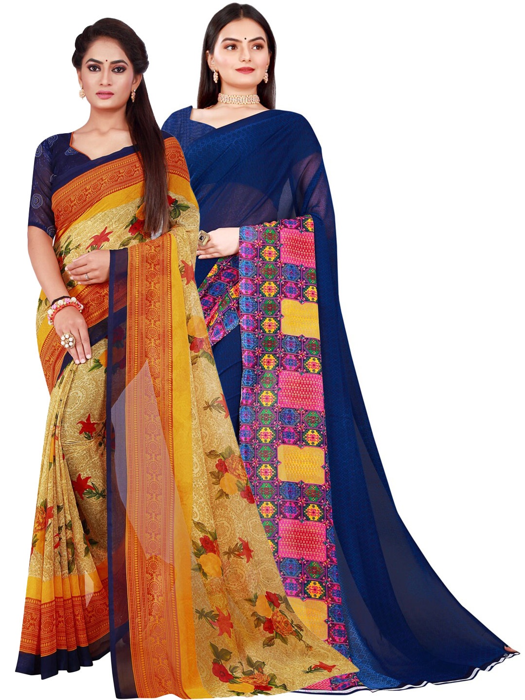 

KALINI Navy Blue & Beige set of 2 Pure Georgette Saree