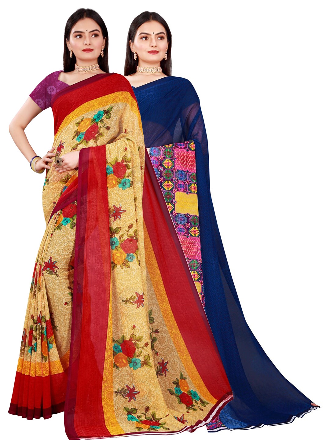 

KALINI Beige & Yellowset of 2 Pure Georgette Saree