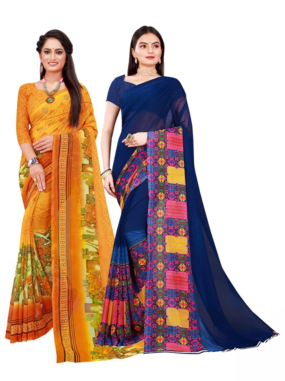 

KALINI Navy Blue & Yellow Floral set of 2 Pure Georgette Saree