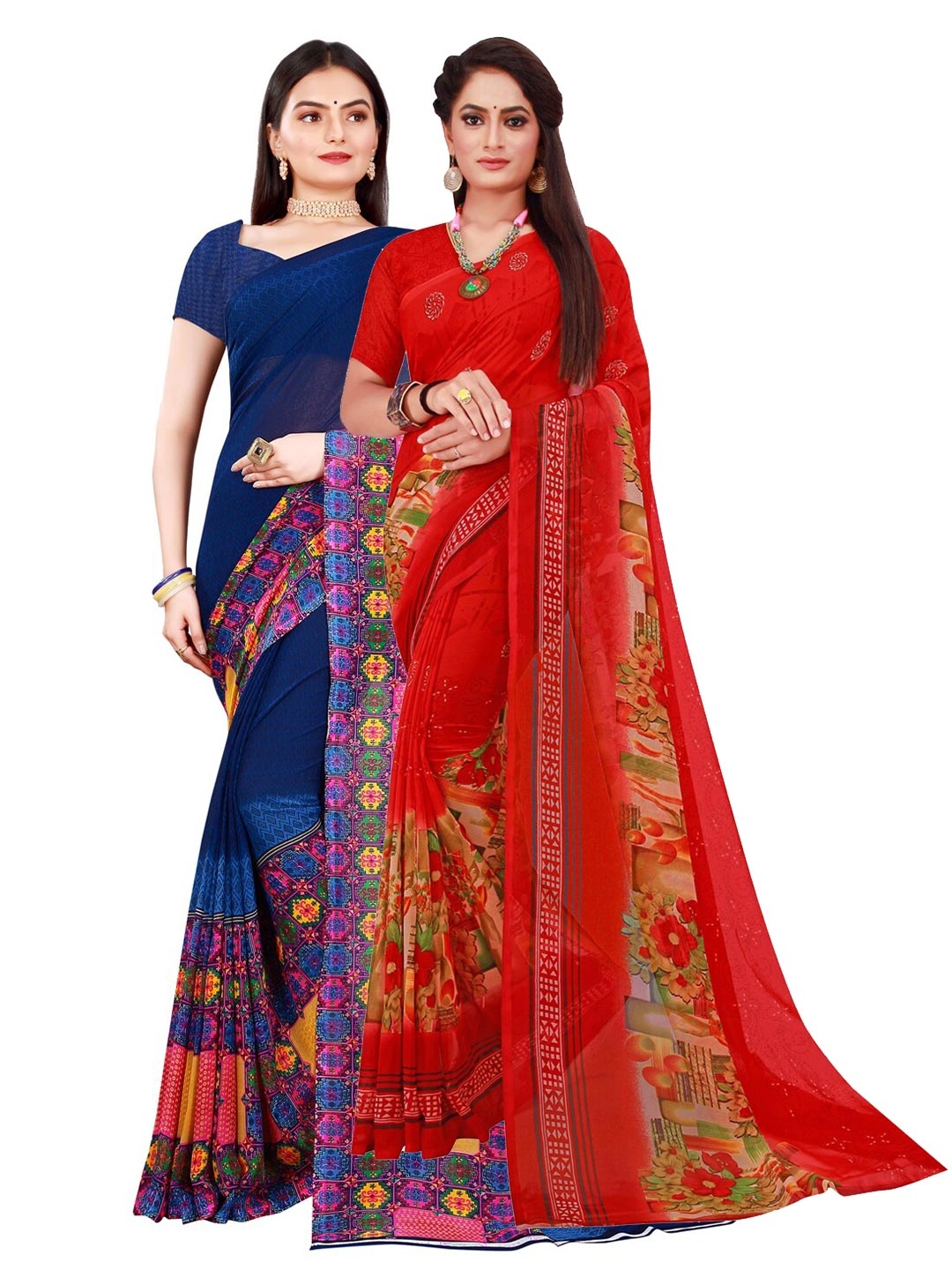 

KALINI Navy Blue & Red Pure Georgette Saree