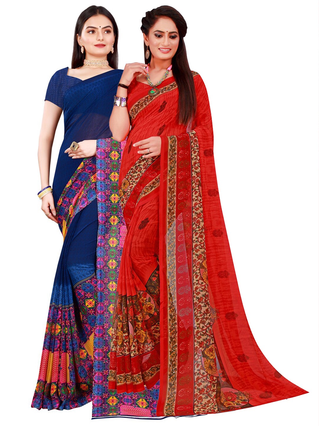 

KALINI Navy Blue & Red set of 2 Pure Georgette Saree