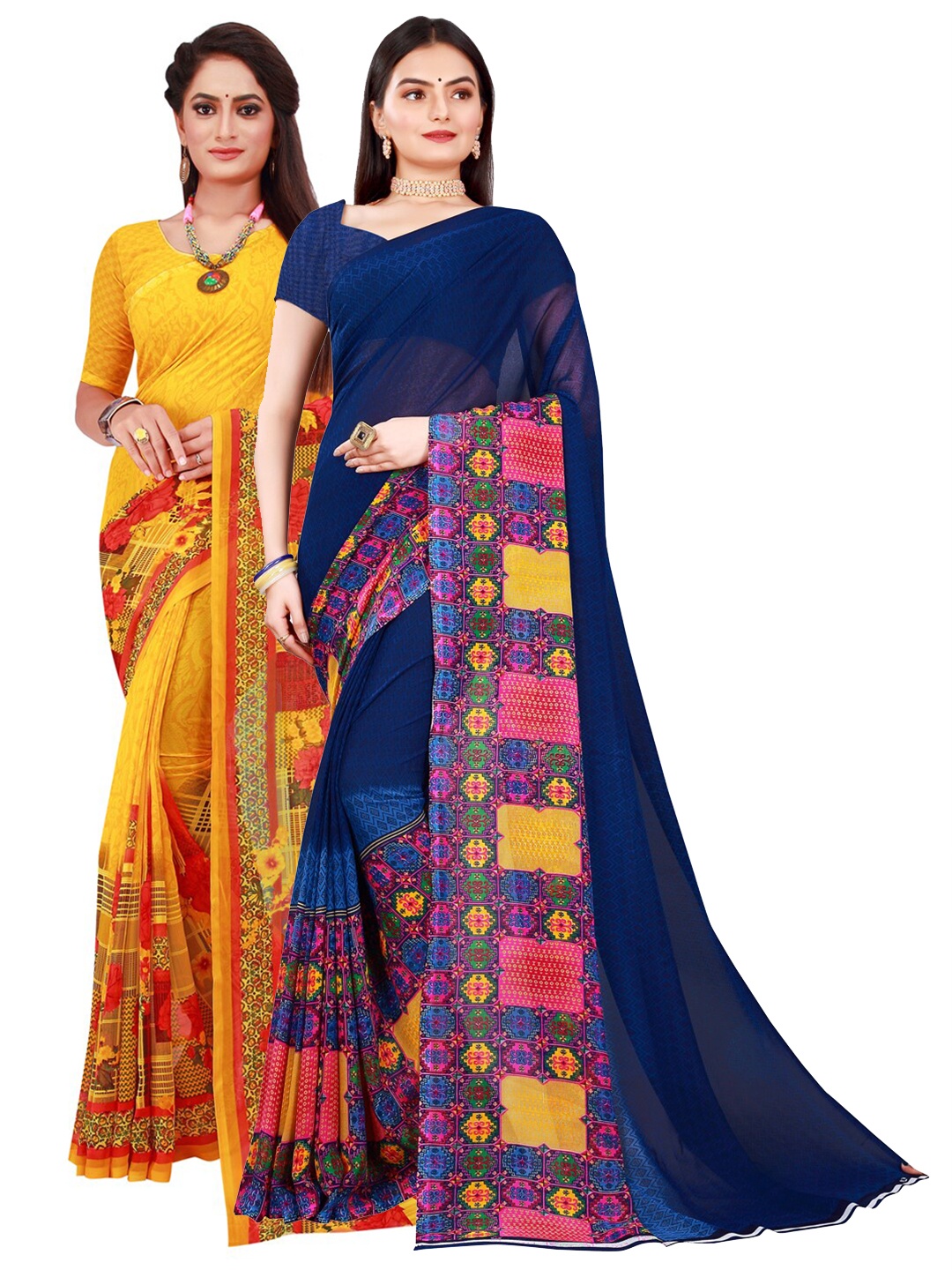 

KALINI Yellow & Navy Blue set of 2 Pure Georgette Saree