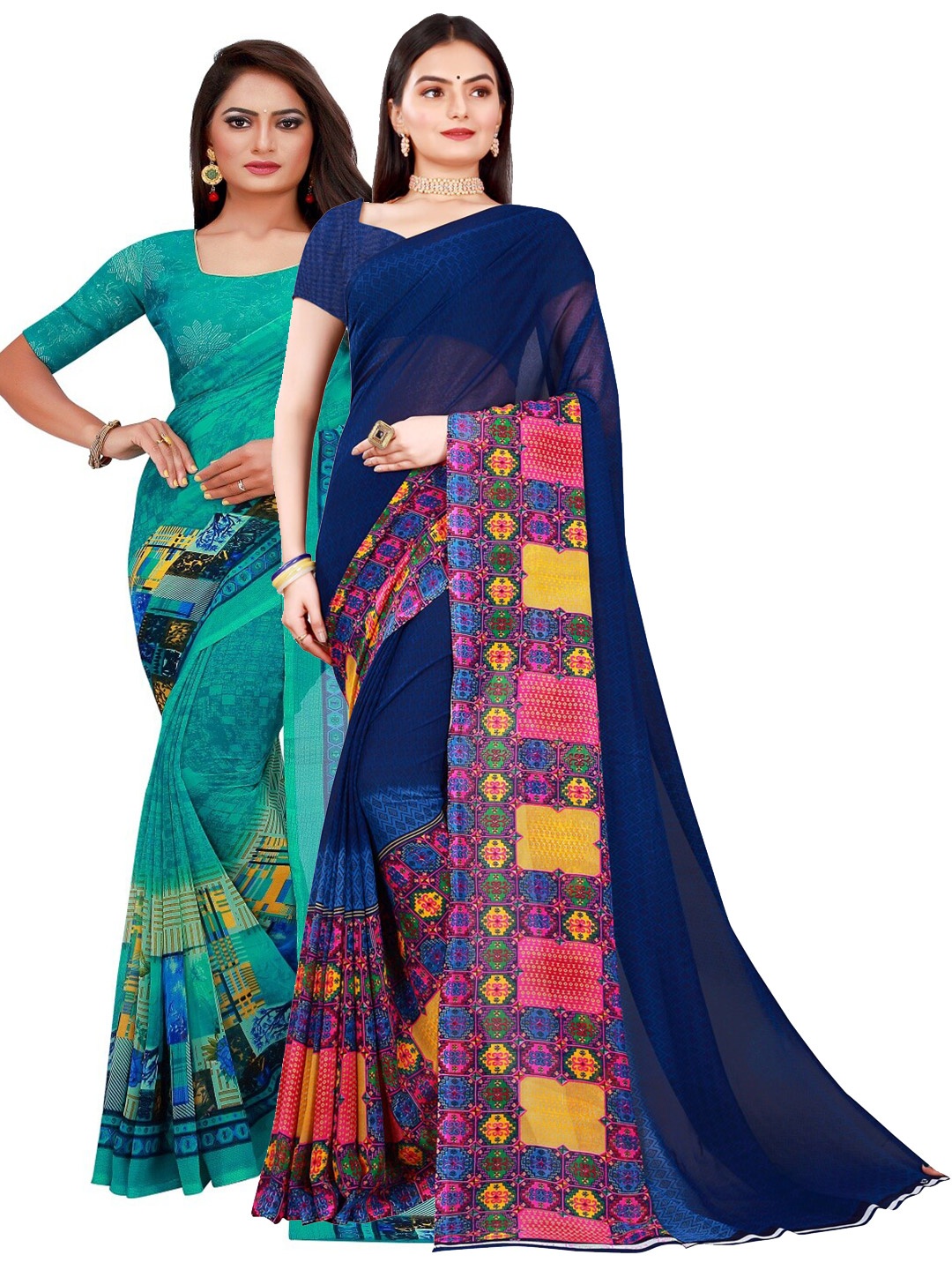 

KALINI Turquoise Blue & Pink set of 2 Pure Georgette Saree