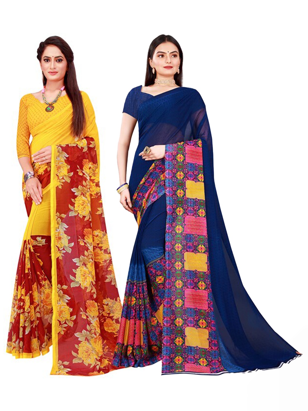 

KALINI Navy Blue & Yellow set of 2 Pure Georgette Saree