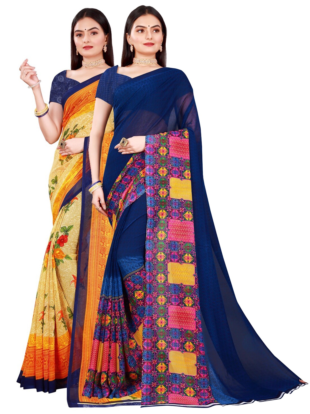 

KALINI Beige & Navy Blue set of 2 Pure Georgette Saree