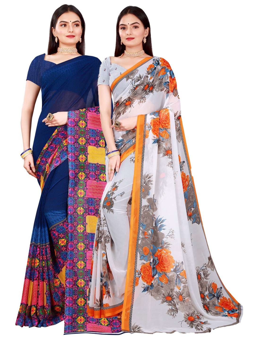 

KALINI Navy Blue & White set of 2 Pure Georgette Saree