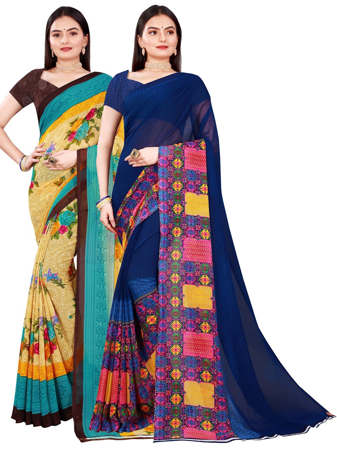 

KALINI Beige & Blue set of 2 Pure Georgette Saree