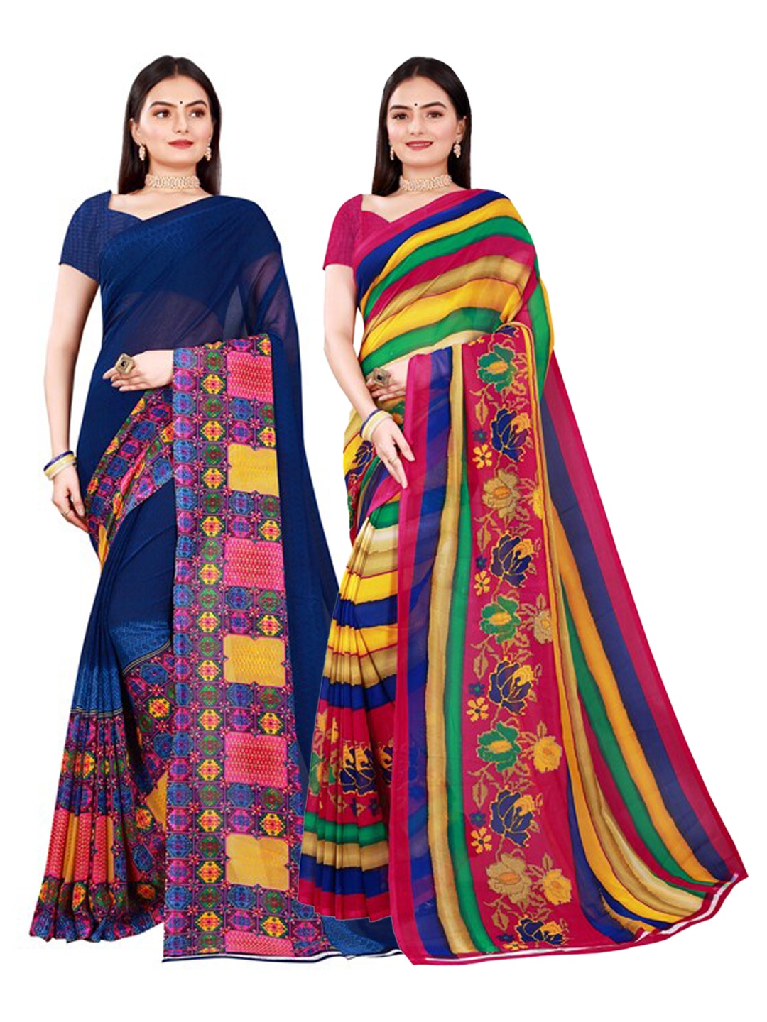 

KALINI Navy Blue & Magenta set of 2 Pure Georgette Saree